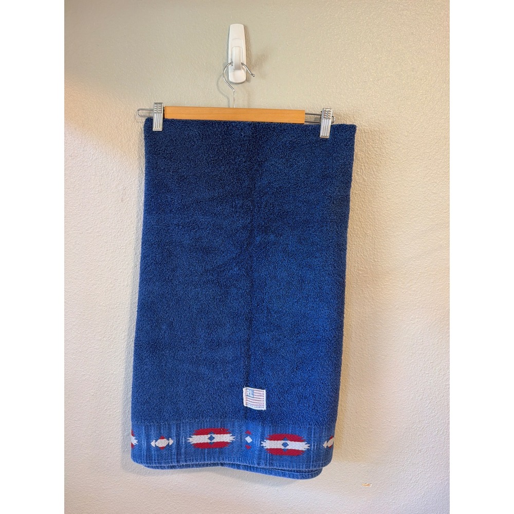 Ralph Lauren Hand Towel Blue Southwestern Geometric RL Flag Made in USA Vtg